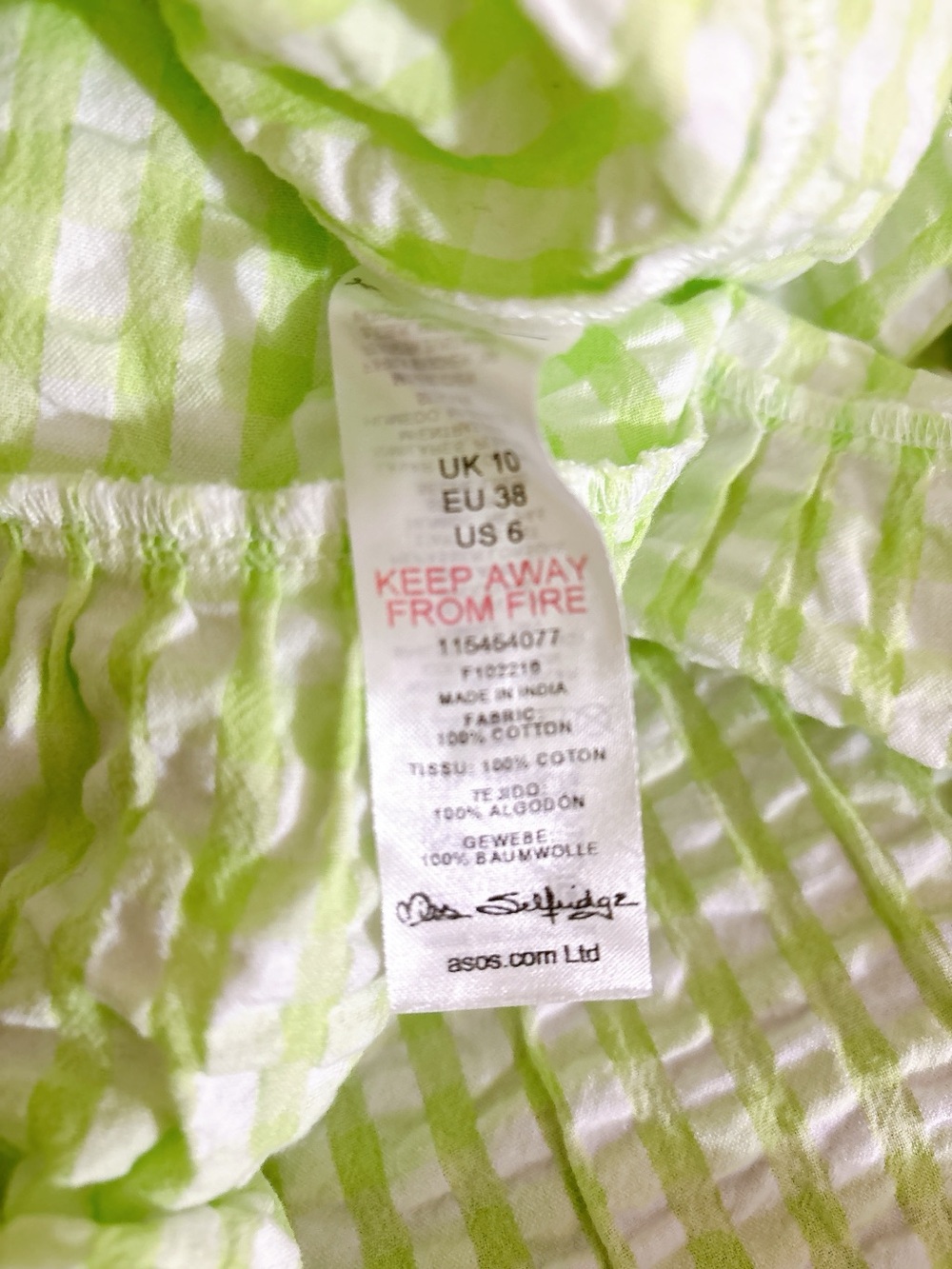 Miss Selfridge | Lime Green Seersucker Gingham Mini Dress | US 6 - Picture 7 of 8
